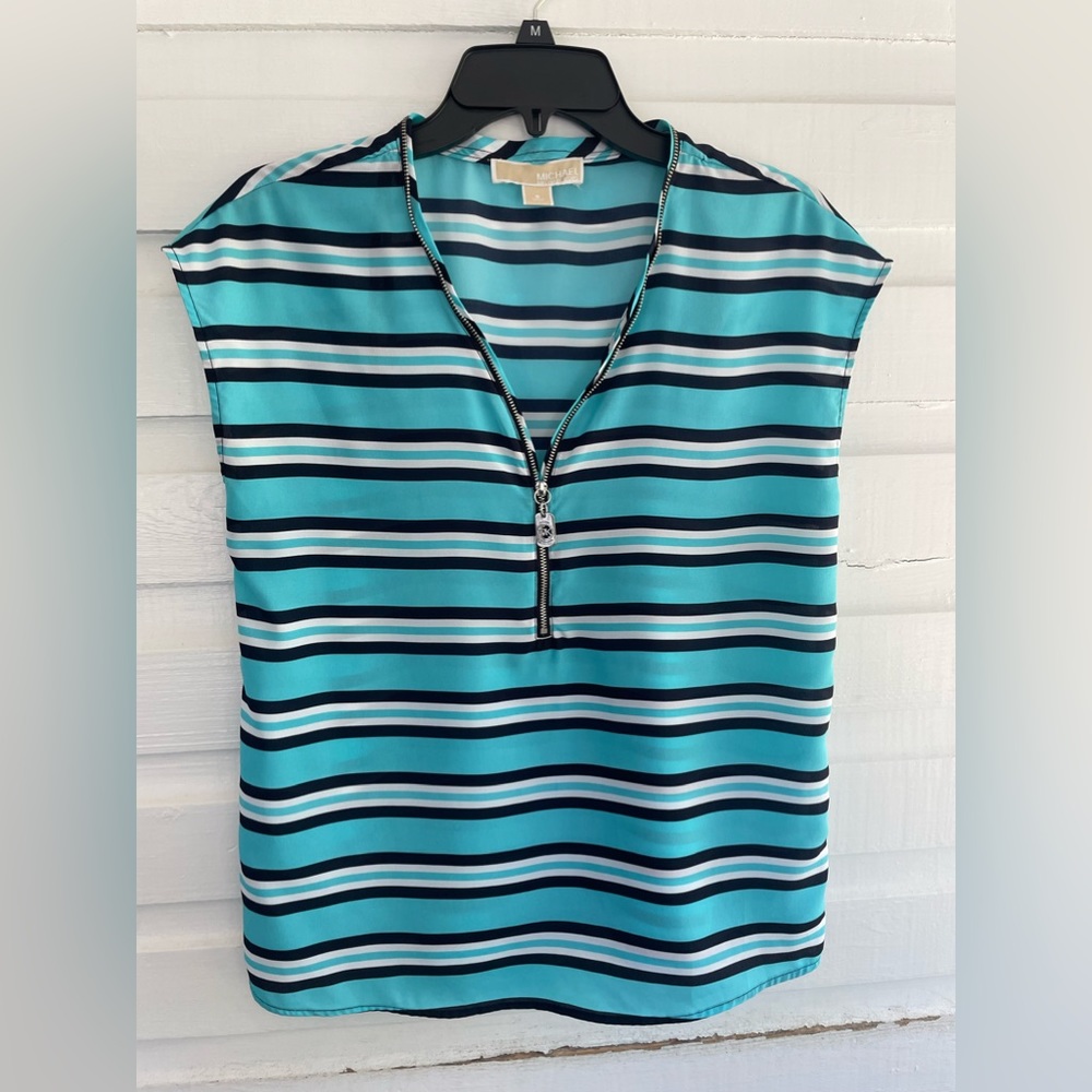 Michael Kors Teal & Black Striped Zipper Neck Cap Sleeveless Blouse Top Size S